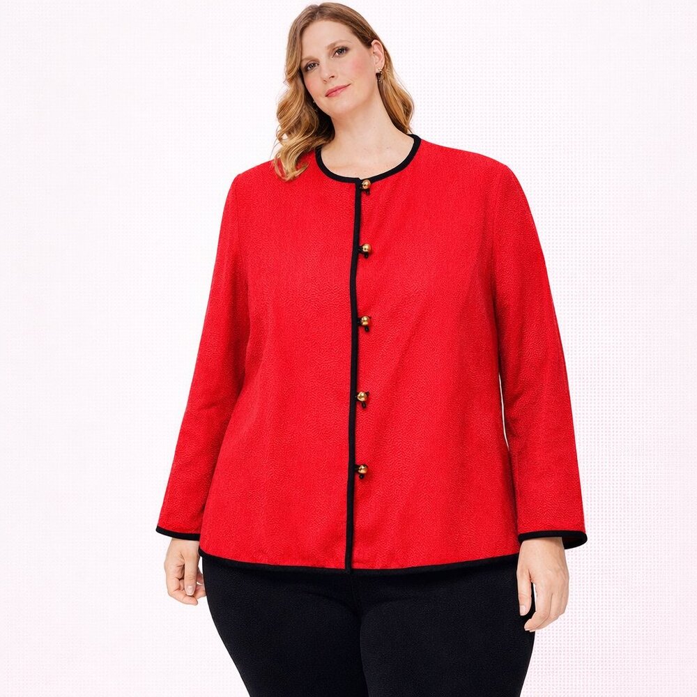 Allure- women's blazer red office attire bottom down front blazer S: M